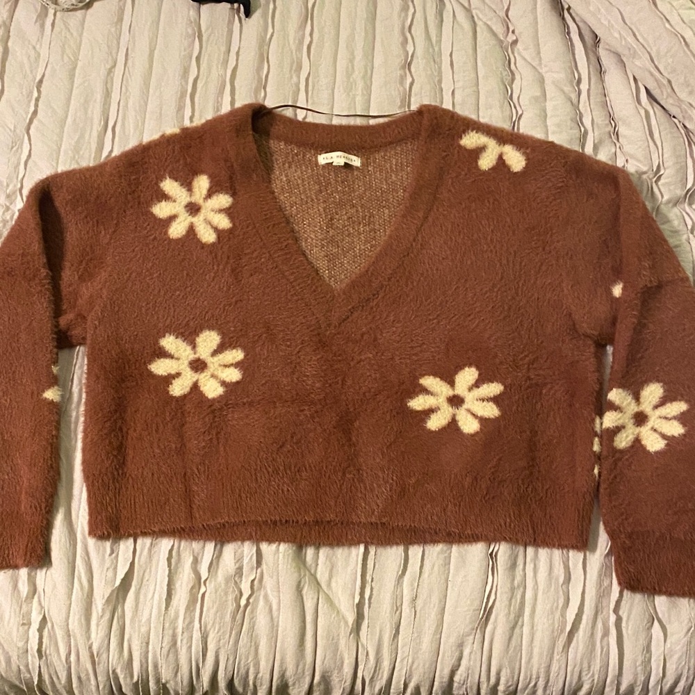 La Hearts Brown Floral V-Neck Sweater